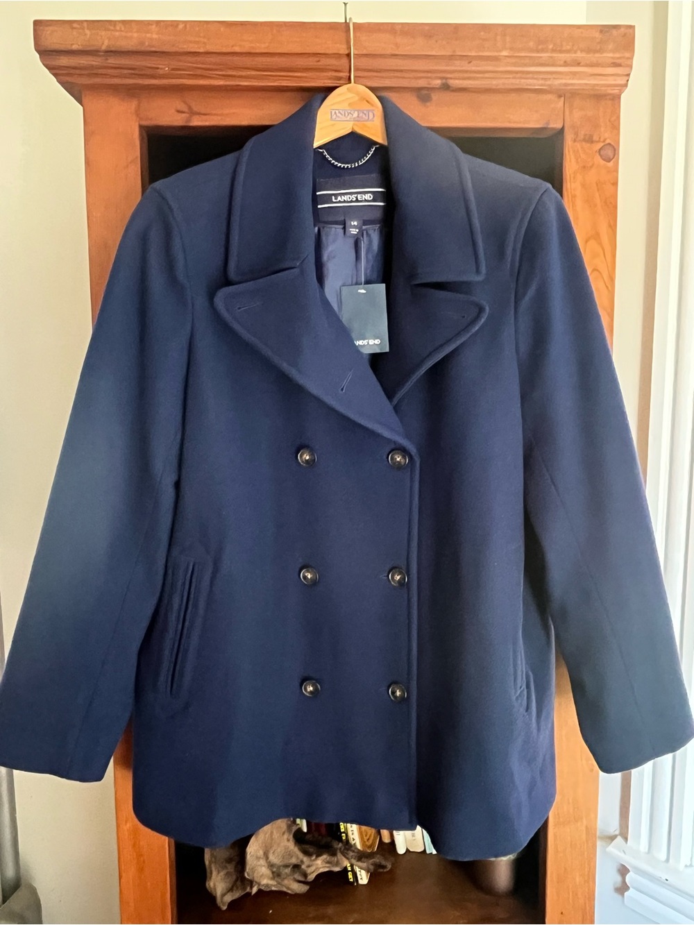 Lands' End NWT Wool Blend Navy Double-Breasted Wool Peacoat